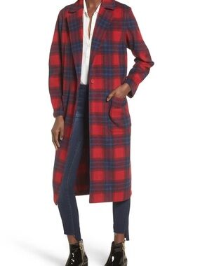 Leith Red and Blue Plaid Long Trench Coat